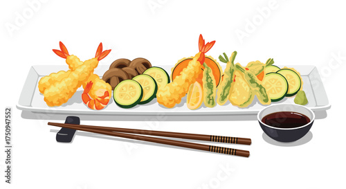 A delicious plate of crispy tempura served with dipping sauce and chopsticks.