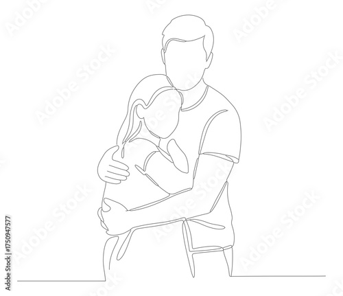 Simple Outline Continuous Line Drawing of Father Holding Sleeping Baby Artwork