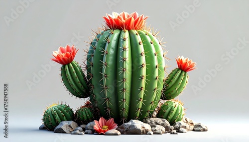 A detailed, close-up of a flourishing, green cactus. It's adorned with vibrant red blooms and situated amidst grey stones