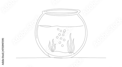 Minimalist Dotted Line Fishbowl with Bubbles and Seaweed Aquarium Illustration