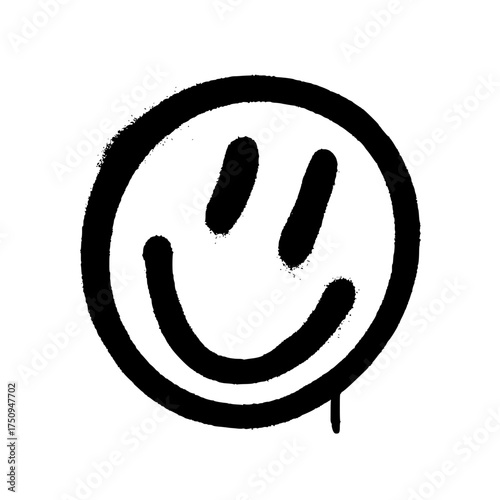 Isolated black spray paint smiley face icon with drip effect
