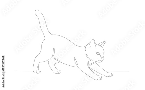 Minimalist Outline Drawing Playful Kitten Reaching Ball of Yarn Illustration
