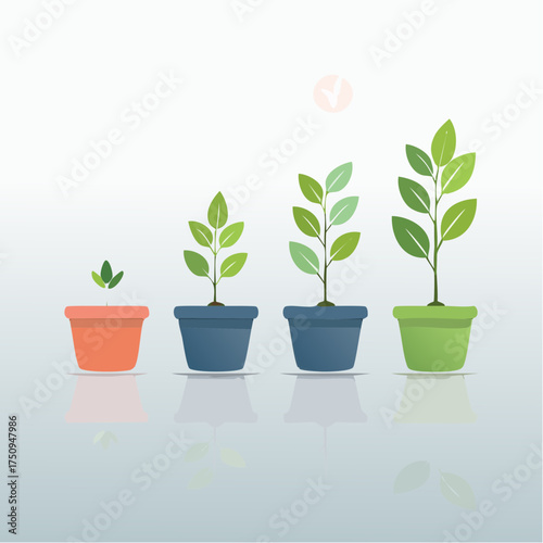 Plant Growth Stages in Different Colored Pots Illustration