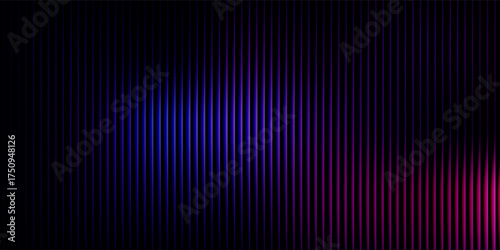 Futuristic neon gradient pattern with vertical glowing lines blending smooth deep pink and vivid purple colors. Minimalistic dark background perfect for creative tech designs. Vector illustration