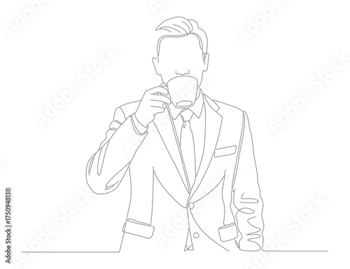 Minimalist Line Art Businessman Drinking Coffee Morning Habit Illustration