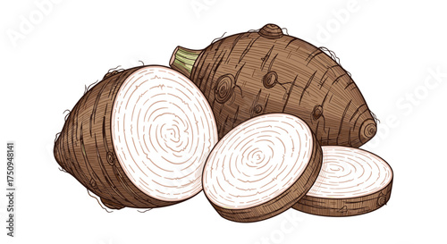 A root vegetable with a brown exterior and a white interior showing concentric rings.