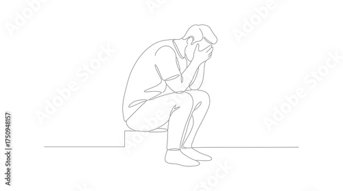 Minimalist Line Art Depressed Man Sitting Alone Illustration Concept