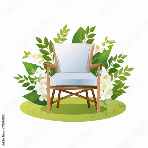 Wooden Garden Armchair with Cushion Surrounded by White Flowers and Greenery