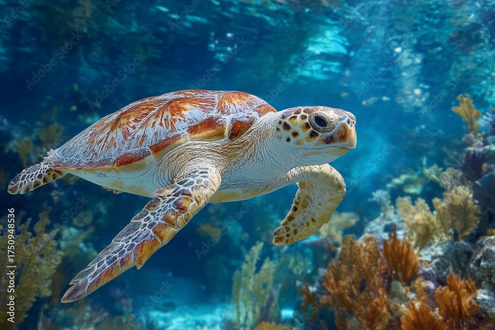Fototapeta premium Graceful sea turtle swimming in clear blue ocean over vibrant coral reef.