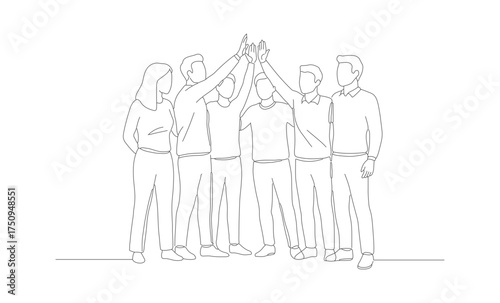 Continuous Line Illustration of Diverse Team Celebrating Success Through High Five