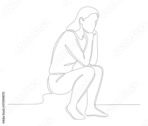 Minimalist Line Drawing Contemplative Woman Sitting Silhouette Alone Illustration