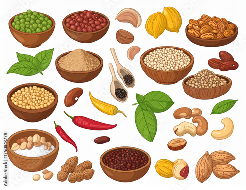 Vector Set of Healthy Food Ingredients: Legumes, Beans, Nuts, Spices, and Produce