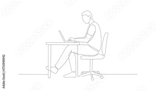 Minimalist Line Drawing Person Using Laptop at Desk Illustration