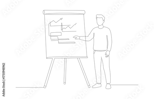 Simple Line Art Man Presenting Business Data On Whiteboard Illustration