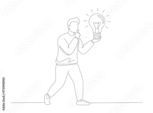Minimalist Outline Line Art Man Holding Glowing Lightbulb Innovation Concept