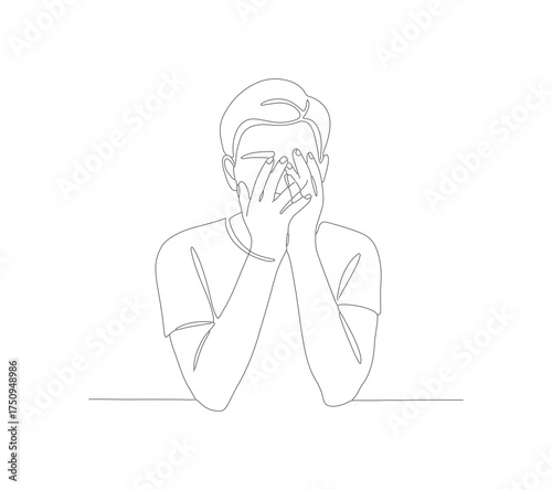 Simple Outline Worried Person Covering Face with Hands Line Art