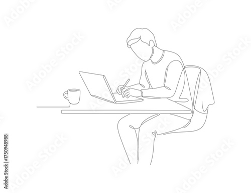 Minimalist Dotted Line Person Using Laptop Computer at Desk Illustration
