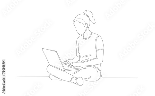 Minimalist Outline Illustration of Young Woman Using Laptop at Home