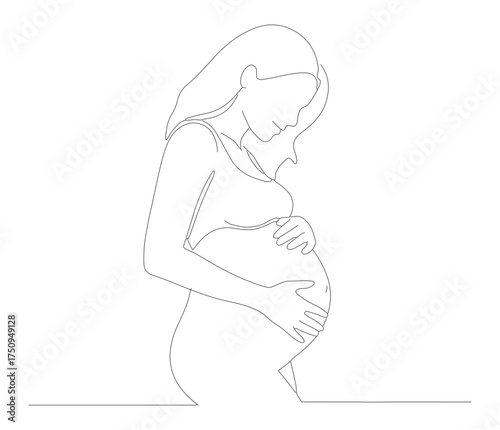 Continuous Line Drawing Elegant Pregnant Woman Embracing Belly Illustration