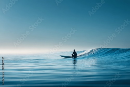 A solitary surfer waits patiently on his surfboard for a wave at sea.