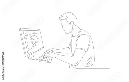 Minimalist Line Art Man Typing on Laptop Illustration Technology Concept