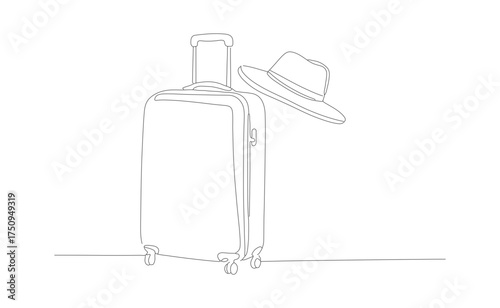 Simple Line Art Luggage with Hat Ready for Vacation Illustration