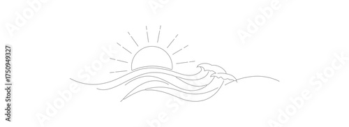 Minimalist Line Art Sunrise Over Ocean Waves Nature Illustration