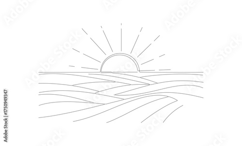 Minimalist Line Art Sunrise Over Ocean Horizon Landscape Illustration
