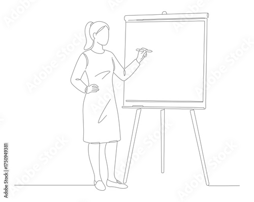 Outline Continuous Line Woman Drawing Presentation on Whiteboard at Workplace