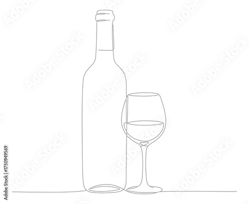 Minimalist Outline Drawing of Wine Bottle and Glass Still Life
