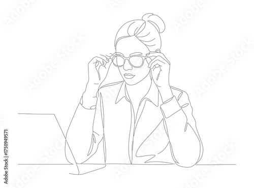 Simple Line Art Woman Sitting at Desk Thinking Emotion Illustration