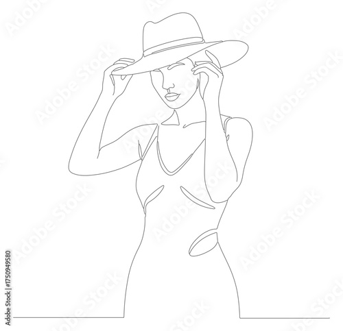 Minimalist Line Art Elegant Woman in Hat Fashion Illustration