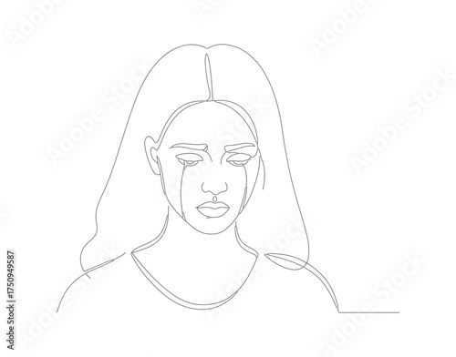 Minimalist Outline Drawing of Woman Portrait with Long Hair Line Art