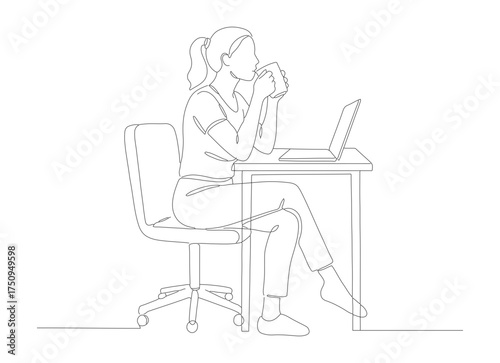 Minimalist Outline Continuous Line Drawing Woman Working on Laptop Illustration