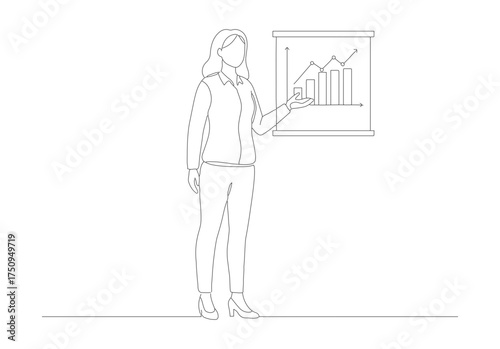 Minimalist Outline Woman Presenting Business Data Graph on Whiteboard Illustration