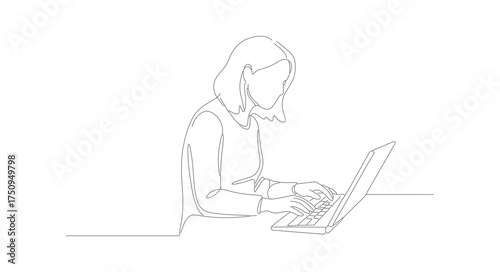 Minimalist Line Art Woman Typing on Laptop Computer Illustration