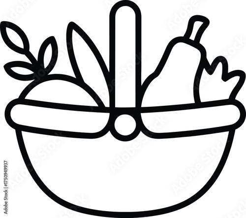 Outline drawing of a basket filled with fruits and vegetables