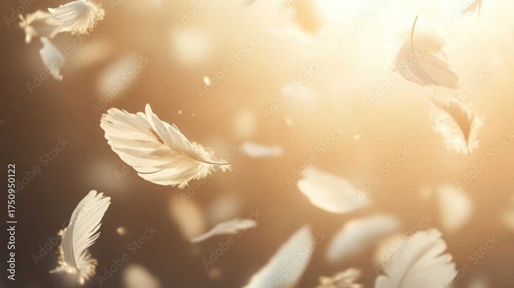 Naklejka premium Ethereal Dance: White Feathers Floating in Golden Light, Soft Focus Dreamscape