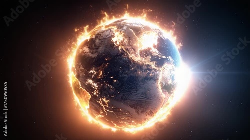 A Stunning Visualization of Earth Surrounded by Flames, Portraying a Dramatic and Apocalyptic Scenario of Our Planet Under Siege with Fiery Energy and Cosmic Beauty