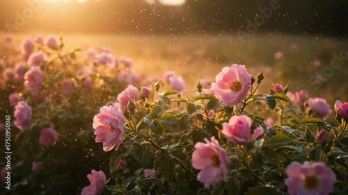 Soft Pink Rose Garden Dew Drops Golden Hour Sunlight Gentle Rain Sparkling Bokeh Nature Floral Bloom Beauty