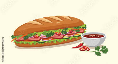 A delicious Vietnamese banh mi sandwich filled with fresh ingredients and served with dipping sauce and chili peppers.