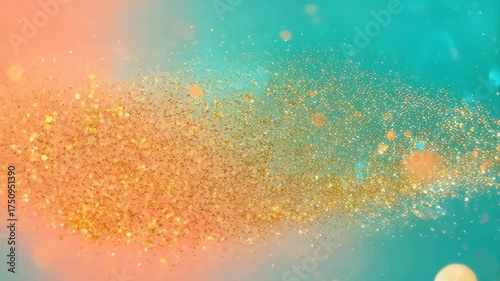 Sparkling Gold Glitter Stream Flows Across Teal and Peach Background with Soft Bokeh Lights and Soft Focus Effects