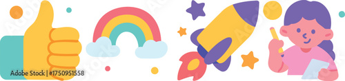 Colorful flat vector set of positive learning icons: thumbs up approval, bright rainbow with clouds, rocket launch with stars, and a student writing; playful graphics for education and creativity.