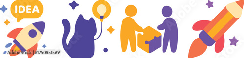 Colorful flat vector icons for creativity and teamwork: rocket with IDEA bubble, cat with lightbulb balloon, partners assembling a puzzle with bulb, and pencil rocket for innovation.