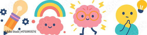 Playful flat vector icons for learning and creativity: pencil lightbulb with gears, smiling brain with rainbow, energetic brain with glasses, and a thinking person with idea.