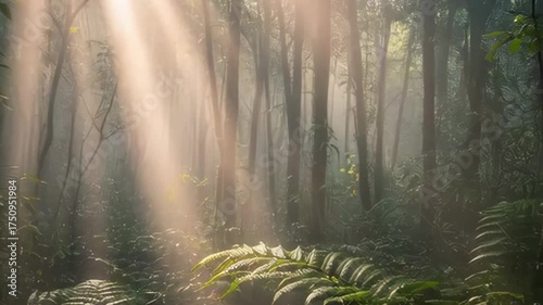 Sunlight Beams Through Lush Green Forest Canopy Illuminating Ferns and Trees With Mist