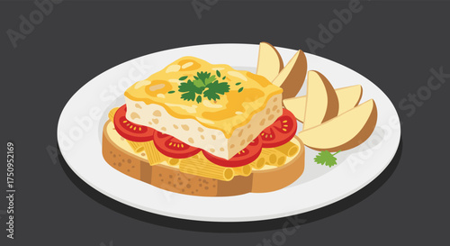 A delicious open-faced sandwich topped with scrambled eggs and sliced tomatoes served with potato wedges.