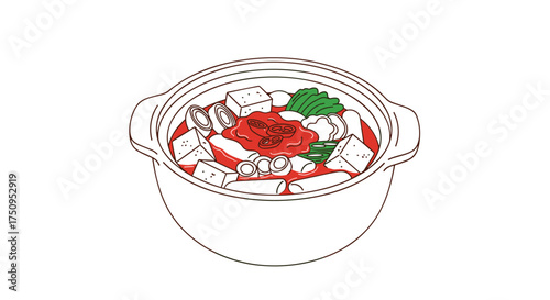 A close up illustration of a Korean spicy stew with tofu and vegetables.