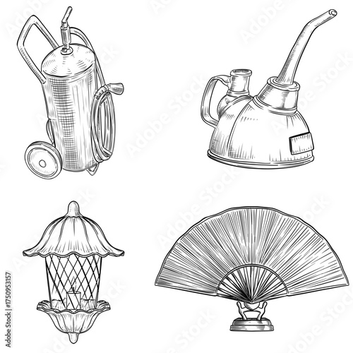 Vintage tools vector line art hand drawn illustration 