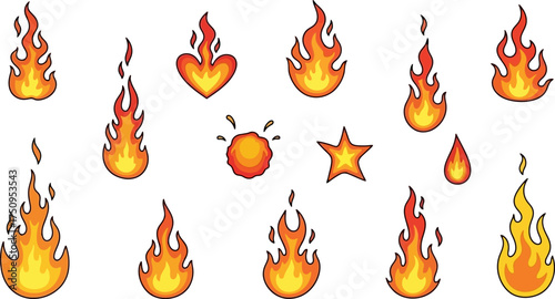 Collection of various cartoon fire flames, including different shapes and sizes, with a few other related elements.
